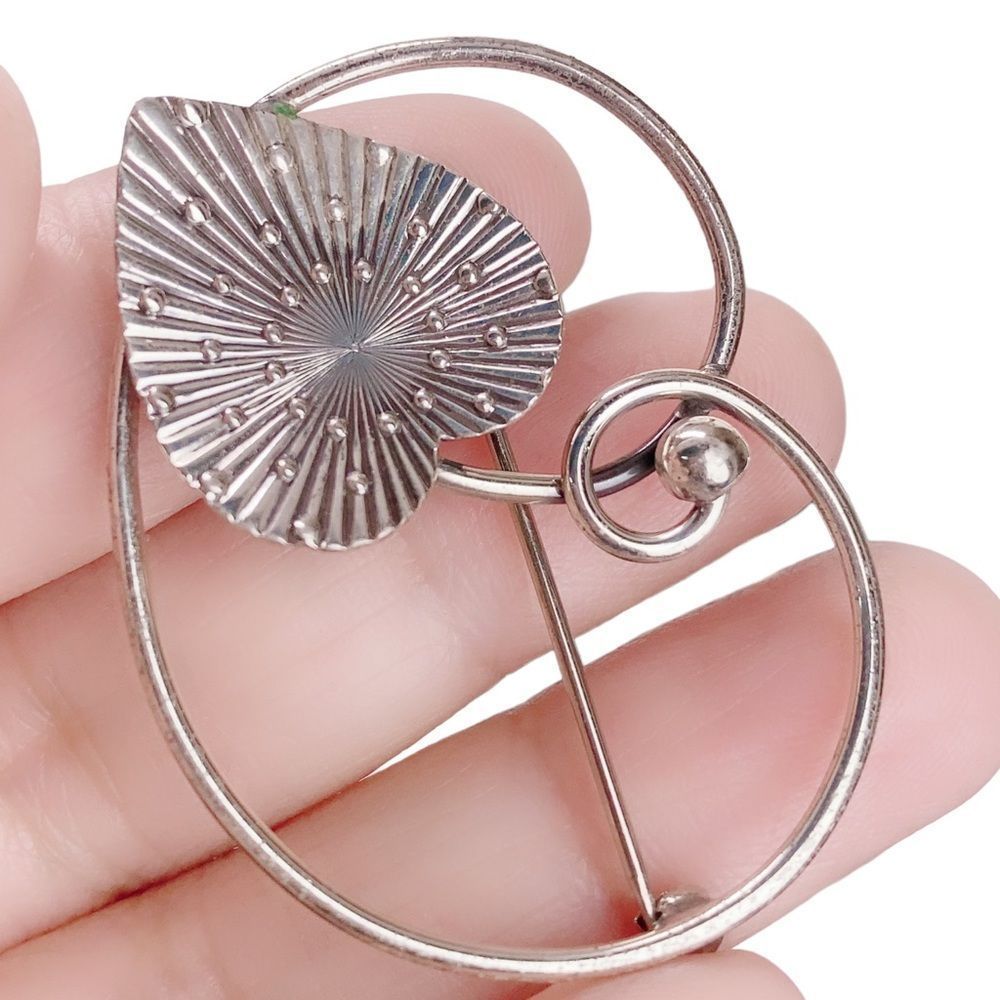 Vtg Sterling Silver Beau Striped Heart Asymmetric Brooch Pin Modernist